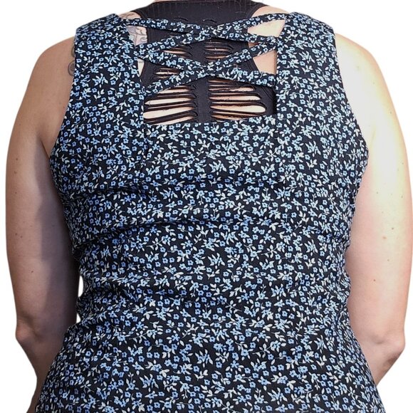VTG 90 Dark Floral Mini Shirt Dress Black Blue Sleeveless Sz 8 Whimsigoth Grunge - Picture 10 of 10
